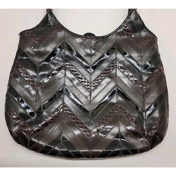 JUDITH LEIBER 80s Vtg ShoulderBag Leather Patchwork Brown Black Gold Accent RARE - Picture 2 of 16